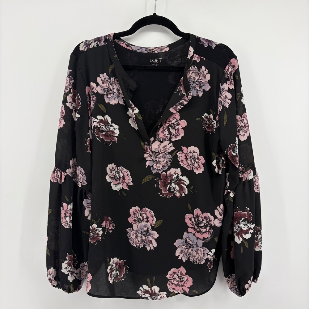 LOFT Outlet Womens Medium Floral Split Neck Balloon Sleeve Blouse Black Pink‎ M
